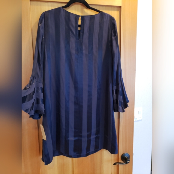 NWT Cremieux M Navy Blue Selina Satin Striped Tulip Dress Bell Sleeves Elegant - Picture 6 of 7